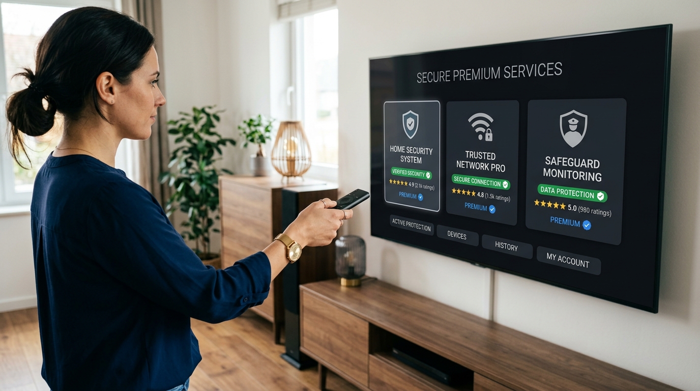 User pointing a remote at a secure and verified IPTV provider application on a smart TV
