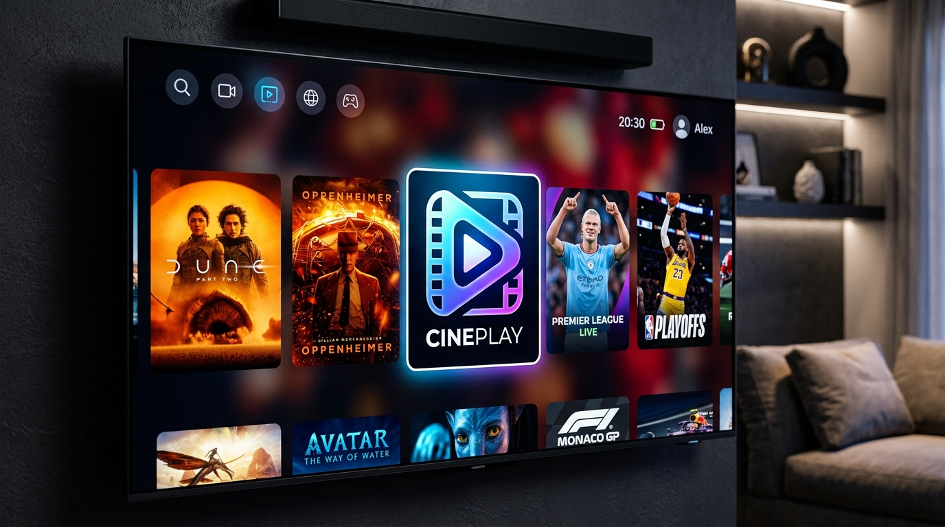 Close up of IBO Player app icon on a smart TV displaying premium IPTV sports and movies